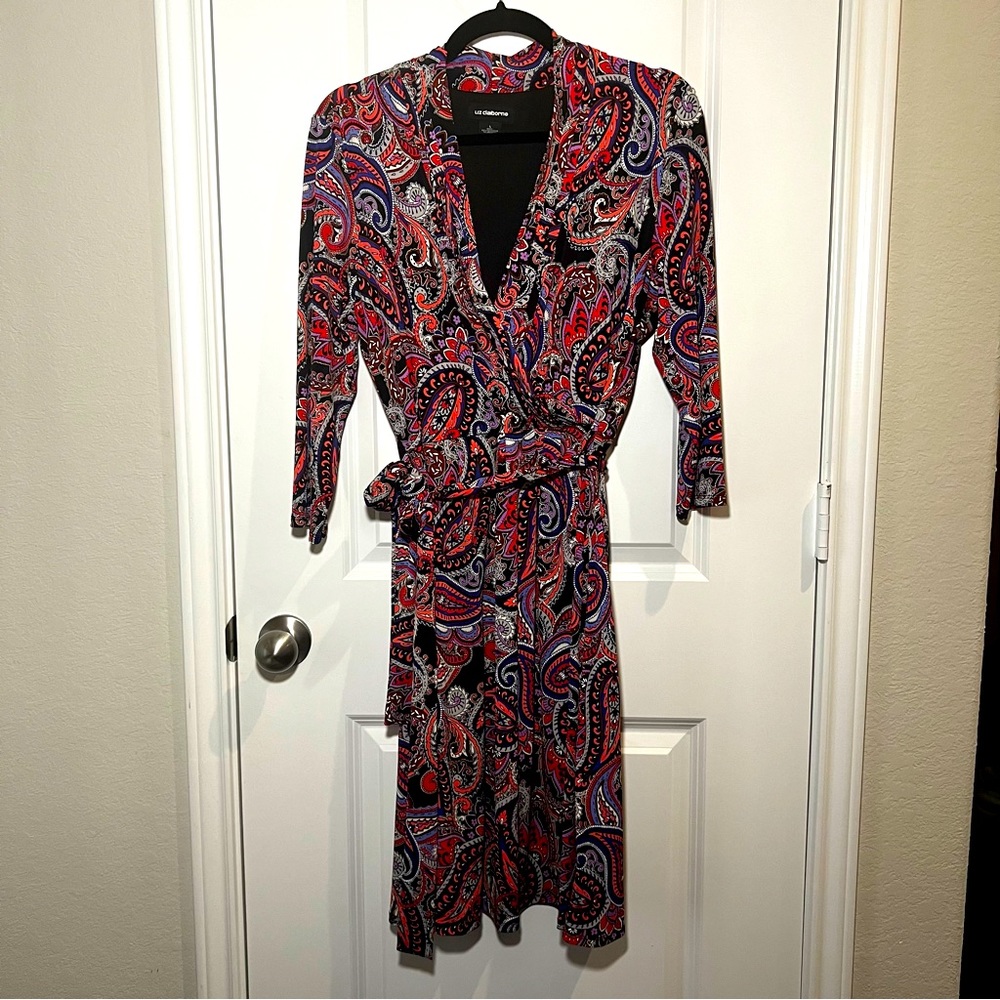 Liz Claiborne Faux Wrap Paisley Dress L EUC